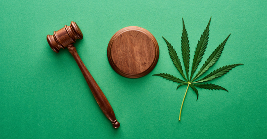 top view of green marijuana leaf with wooden gavel on green background