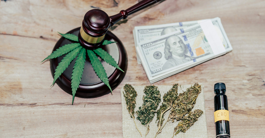 marijuana leaves and judging mallets